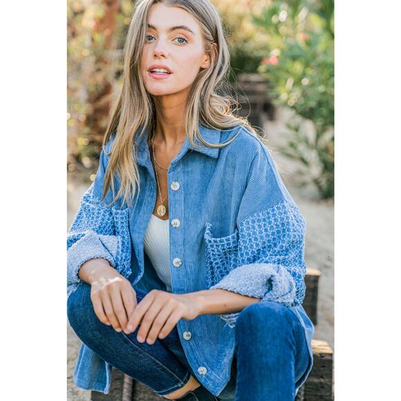 And The Why Button Down Corduroy Contrast Texture Long Sleeves Shacket | Blue - Picture 3 of 5